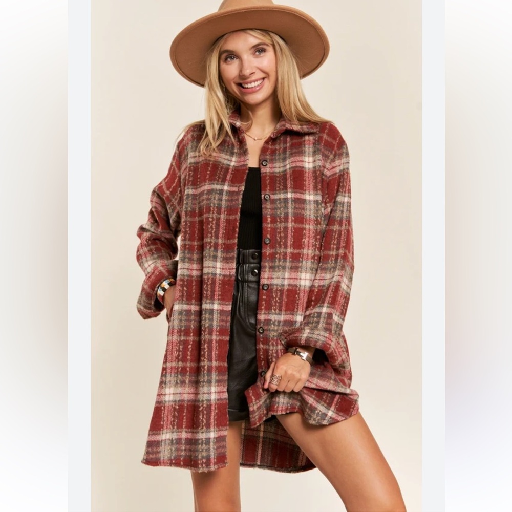 Cranberry Long Plaid Shacket - Small